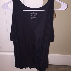 AEO navy blue criss cross/cold shoulder top